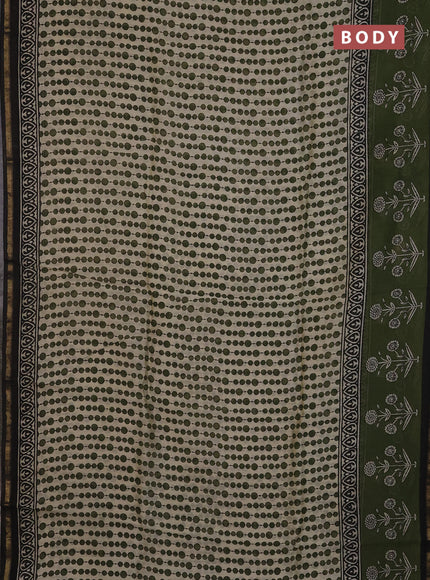 Chanderi Bagru saree beige and mehendi green with allover geometric prints and zari woven border