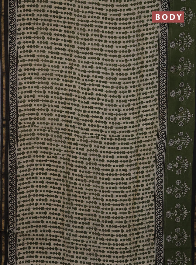Chanderi Bagru saree beige and mehendi green with allover geometric prints and zari woven border