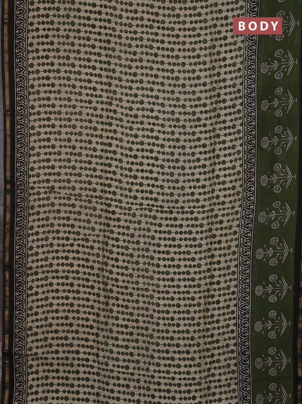 Chanderi Bagru saree beige and mehendi green with allover geometric prints and zari woven border