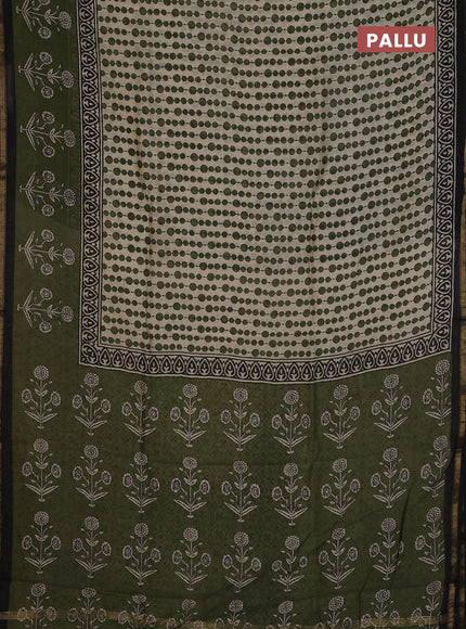 Chanderi Bagru saree beige and mehendi green with allover geometric prints and zari woven border