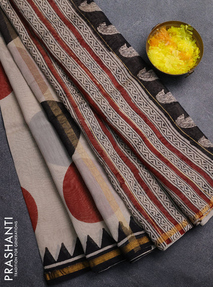 Chanderi Bagru saree beige and black with allover geometric prints and zari woven border