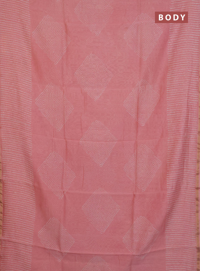 Chanderi Bagru saree peach shade with allover geometric prints and small zari woven border