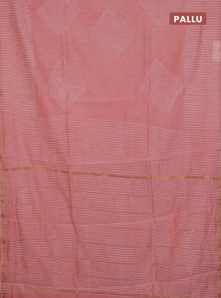 Chanderi Bagru saree peach shade with allover geometric prints and small zari woven border