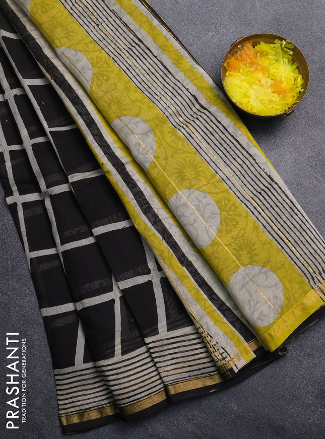 Chanderi Bagru saree black and beige with allover geometric prints and zari woven border