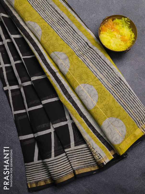 Chanderi Bagru saree black and beige with allover geometric prints and zari woven border
