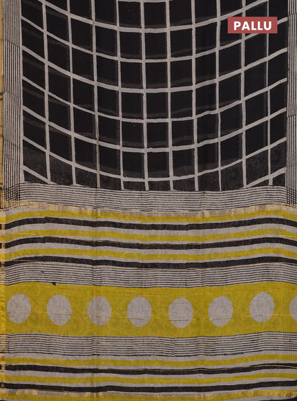 Chanderi Bagru saree black and beige with allover geometric prints and zari woven border