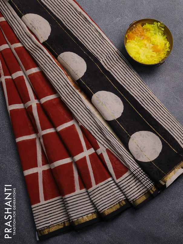 Chanderi Bagru saree rust shade and black with allover geometric prints and zari woven border