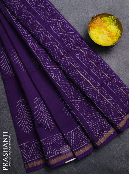 Chanderi Bagru saree violet with allover butta prints and small zari woven border
