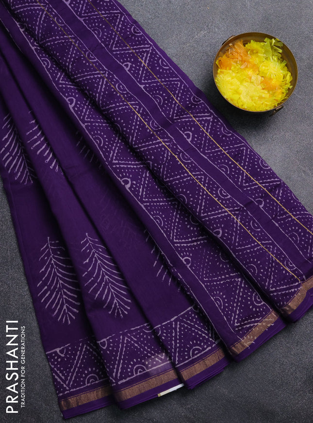 Chanderi Bagru saree violet with allover butta prints and small zari woven border