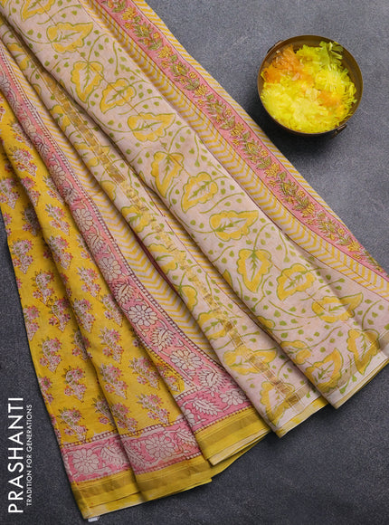 Chanderi Bagru saree yellow and pink with allover butta prints and small zari woven border