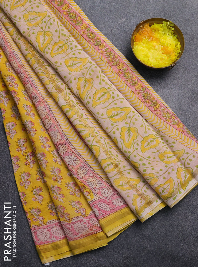 Chanderi Bagru saree yellow and pink with allover butta prints and small zari woven border
