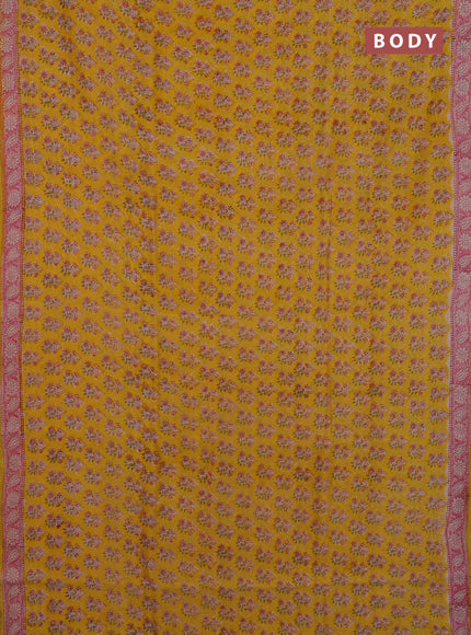 Chanderi Bagru saree yellow and pink with allover butta prints and small zari woven border
