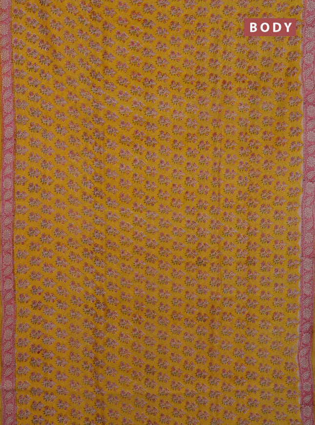 Chanderi Bagru saree yellow and pink with allover butta prints and small zari woven border