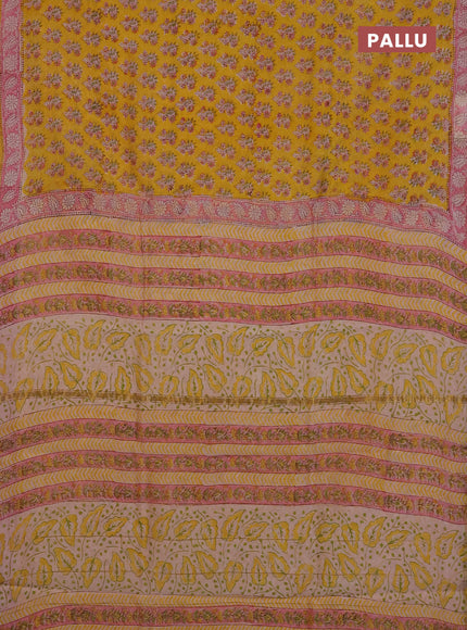 Chanderi Bagru saree yellow and pink with allover butta prints and small zari woven border