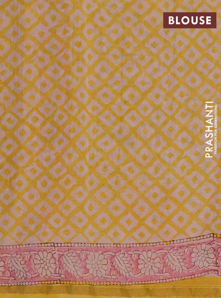 Chanderi Bagru saree yellow and pink with allover butta prints and small zari woven border