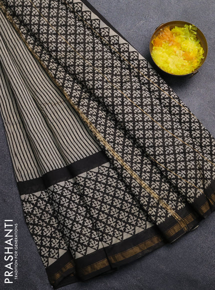 Chanderi Bagru saree beige and black with allover stripe pattern and small zari woven border