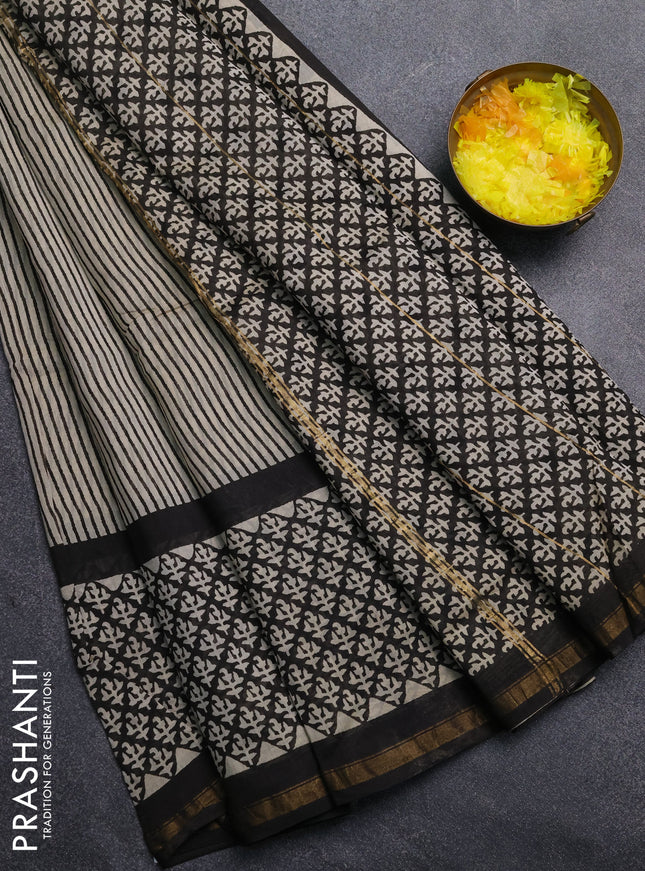 Chanderi Bagru saree beige and black with allover stripe pattern and small zari woven border