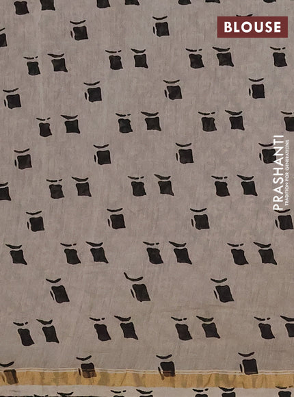 Chanderi Bagru saree beige and black with allover stripe pattern and small zari woven border