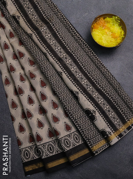 Chanderi Bagru saree beige and black with allover butta prints and small zari woven border
