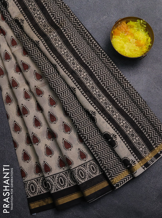 Chanderi Bagru saree beige and black with allover butta prints and small zari woven border