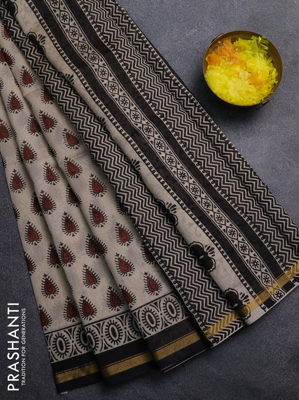 Chanderi Bagru saree beige and black with allover butta prints and small zari woven border