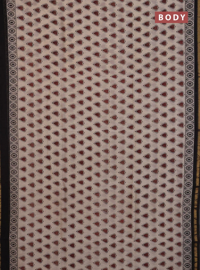 Chanderi Bagru saree beige and black with allover butta prints and small zari woven border