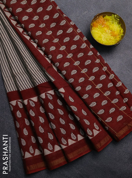Chanderi Bagru saree beige and rustic maroon with allover stripe pattern and small zari woven border