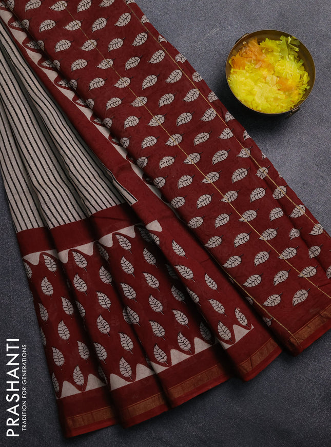 Chanderi Bagru saree beige and rustic maroon with allover stripe pattern and small zari woven border