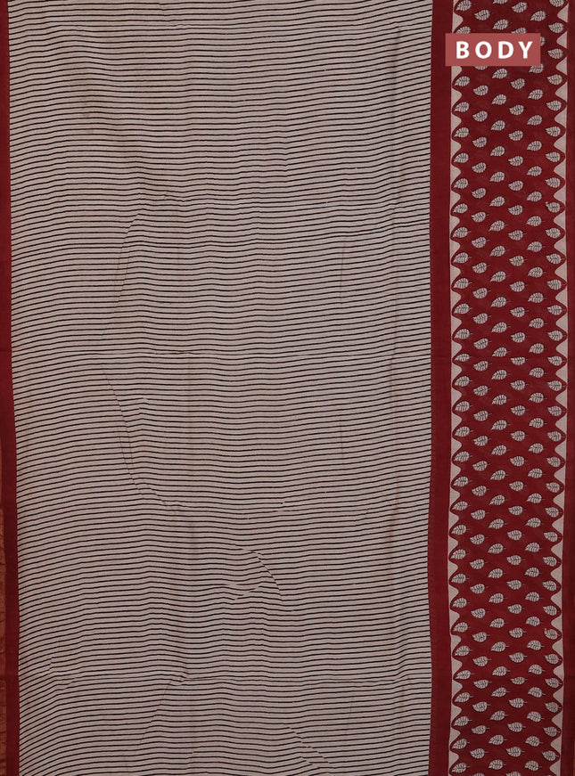 Chanderi Bagru saree beige and rustic maroon with allover stripe pattern and small zari woven border