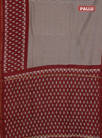 Chanderi Bagru saree beige and rustic maroon with allover stripe pattern and small zari woven border