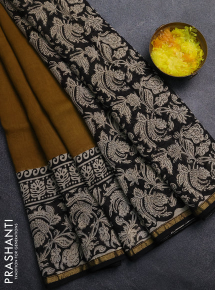 Chanderi Bagru saree dark mustard and black with plain body and small zari woven border