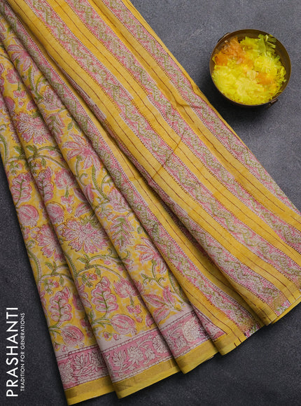 Chanderi Bagru saree yellow and pink with allover prints and small zari woven border