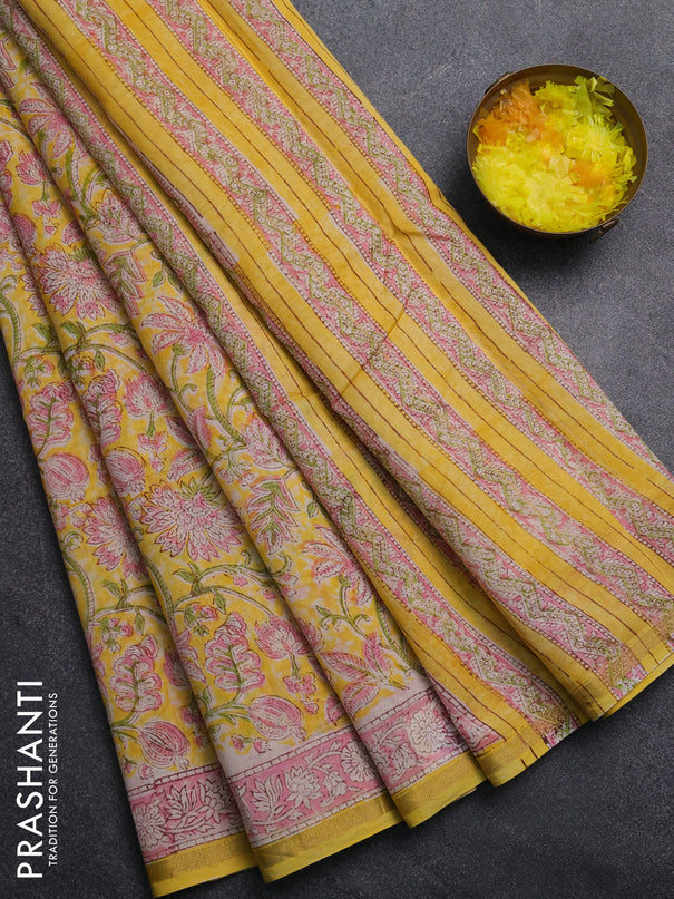 Chanderi Bagru saree yellow and pink with allover prints and small zari woven border