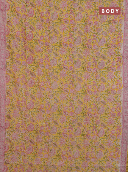 Chanderi Bagru saree yellow and pink with allover prints and small zari woven border