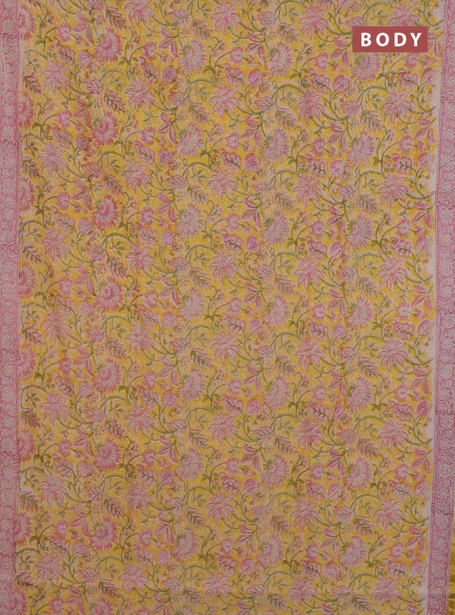 Chanderi Bagru saree yellow and pink with allover prints and small zari woven border