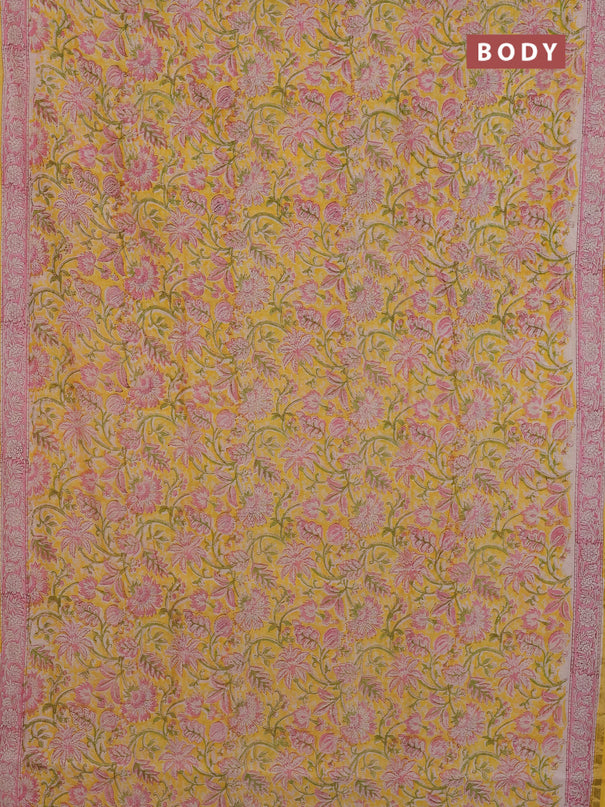 Chanderi Bagru saree yellow and pink with allover prints and small zari woven border