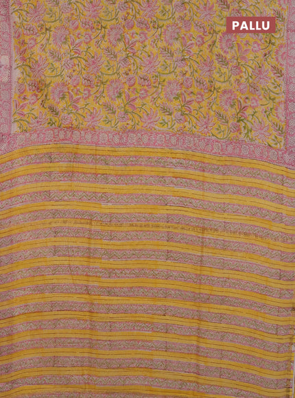 Chanderi Bagru saree yellow and pink with allover prints and small zari woven border