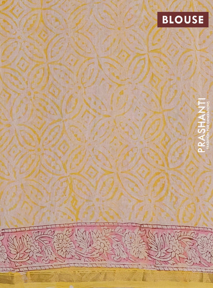 Chanderi Bagru saree yellow and pink with allover prints and small zari woven border