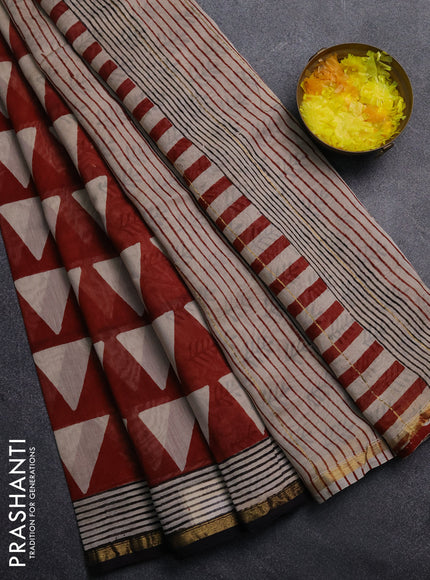 Chanderi Bagru saree rustic maroon and black with allover geometric prints and small zari woven border