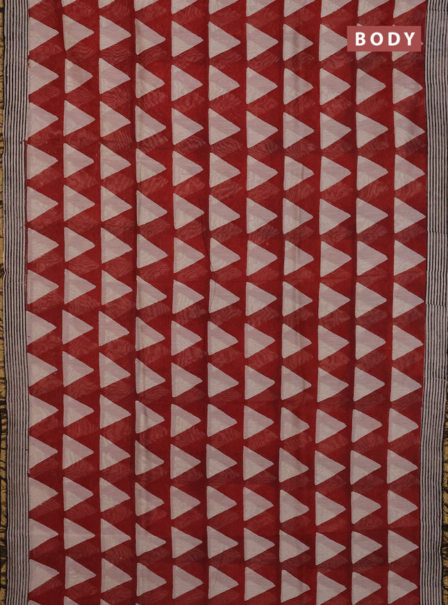 Chanderi Bagru saree rustic maroon and black with allover geometric prints and small zari woven border