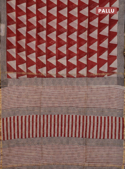 Chanderi Bagru saree rustic maroon and black with allover geometric prints and small zari woven border