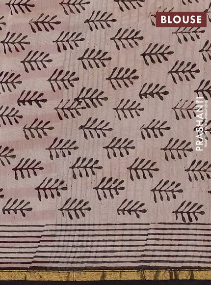 Chanderi Bagru saree rustic maroon and black with allover geometric prints and small zari woven border