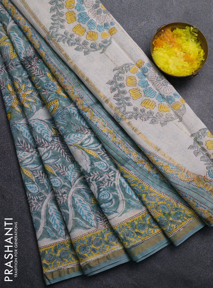 Chanderi Bagru saree teal green and yellow with allover prints and small zari woven border