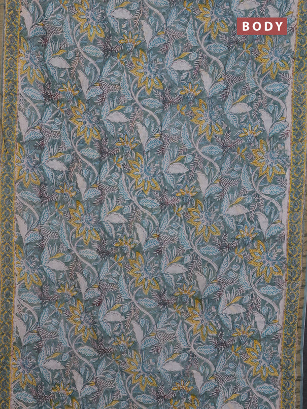 Chanderi Bagru saree teal green and yellow with allover prints and small zari woven border