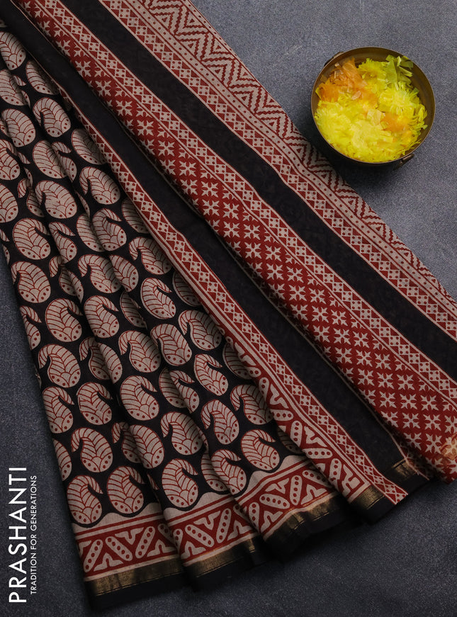Chanderi Bagru saree black and rust shade with allover butta prints and small zari woven border