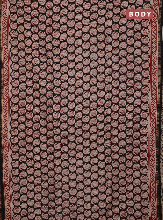 Chanderi Bagru saree black and rust shade with allover butta prints and small zari woven border