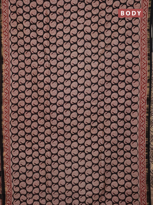 Chanderi Bagru saree black and rust shade with allover butta prints and small zari woven border