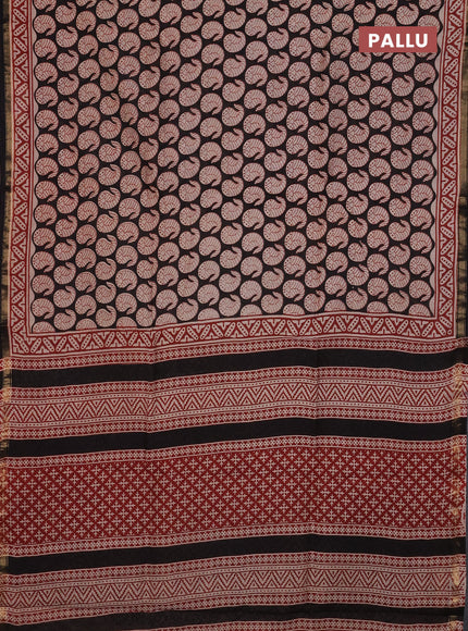 Chanderi Bagru saree black and rust shade with allover butta prints and small zari woven border