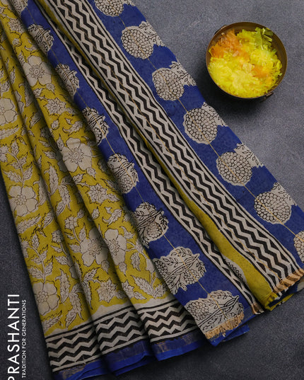 Chanderi Bagru saree yellow and blue with allover prints and small zari woven border
