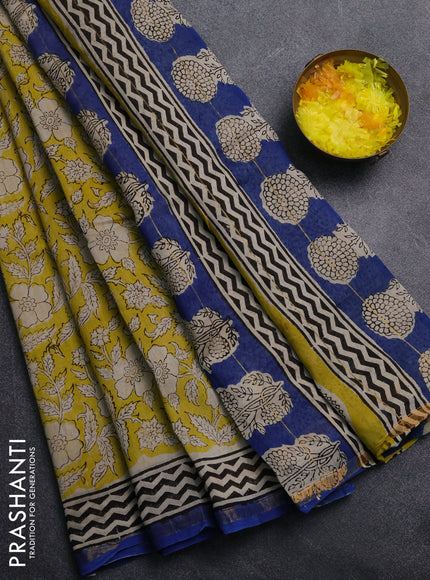 Chanderi Bagru saree yellow and blue with allover prints and small zari woven border